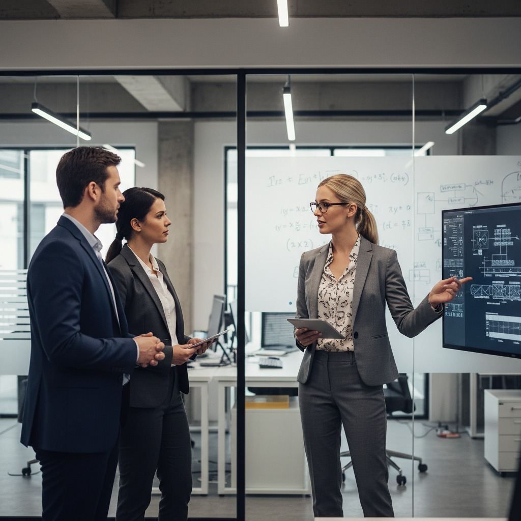 Eie blonde nerd Ingenieurin die mit Kunden spricht, business lady